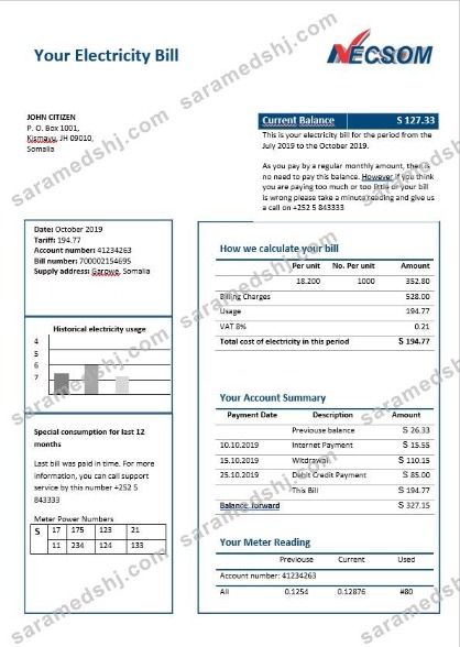 Somalia NESCOM electricity bill in Word format